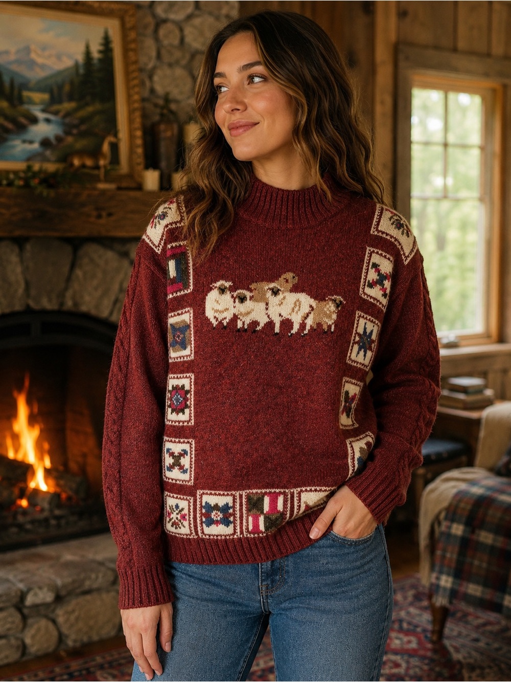 Woolrich Sheep Fair Isle Mock Neck Wool Sweater M